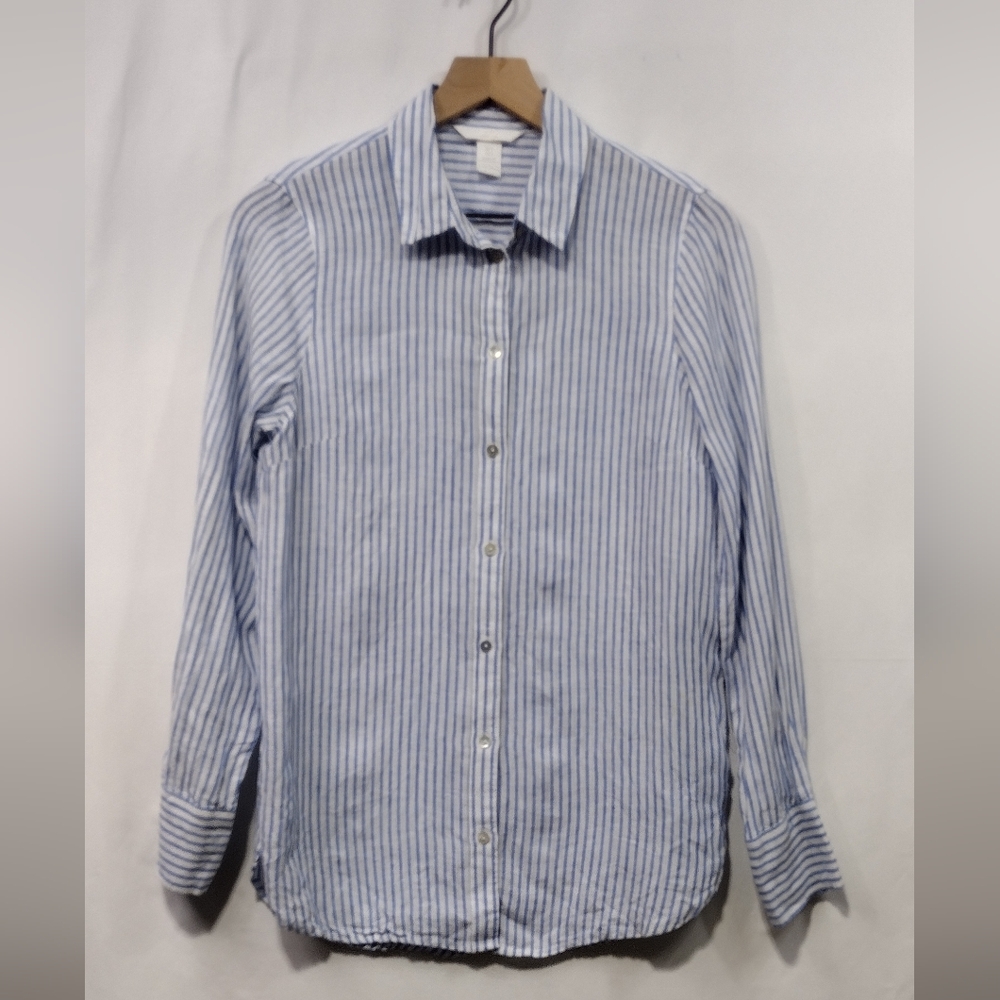 NWOT H&M 100% Linen Stripped Button Shirt Womens 2 Casual Comfy Retro 90s Y2K